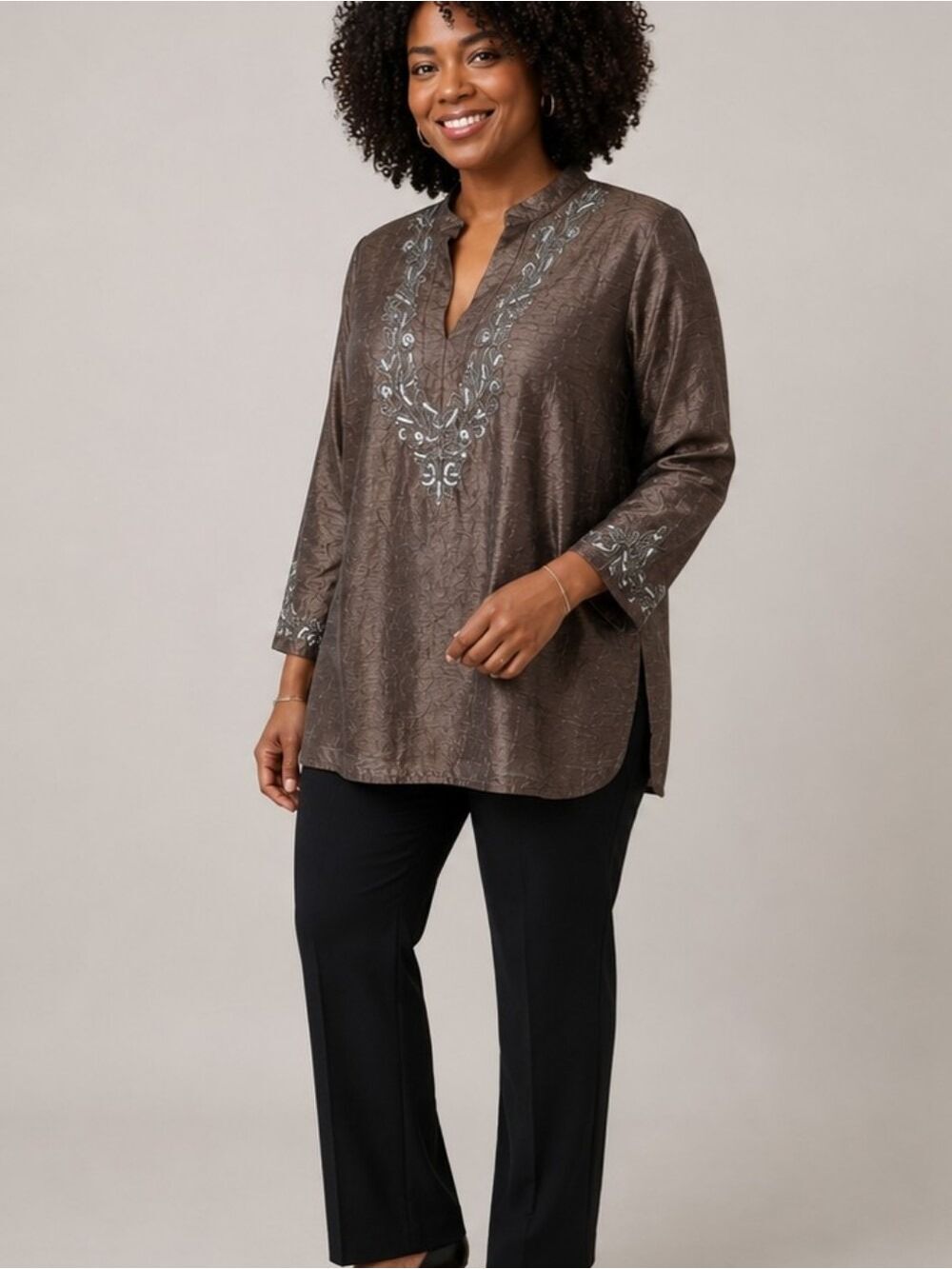 Chico's Ruda Style Metallic Ore Fudge Silk Tunic Top NWT Size 0 (S/4)